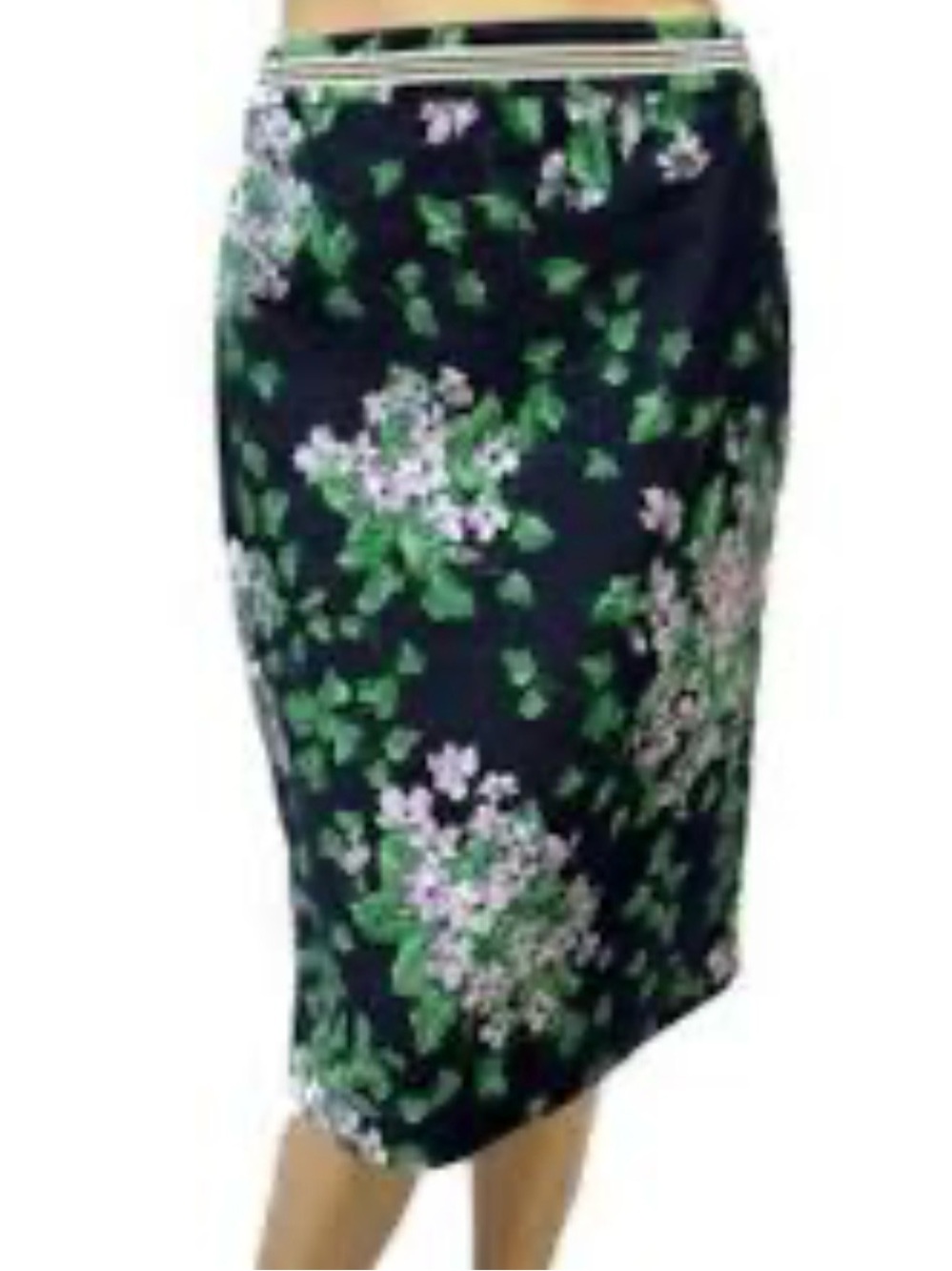 Talbots casual women’s Black Floral Midi Cover Skirt with Green Print 98%cotton